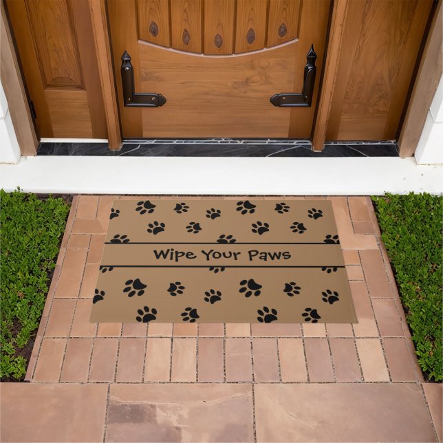 Wipe Your Paws Black Paw Prints Pattern Brown Doormat (Outdoor)