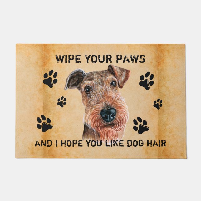 Wipe Your Paws Funny Airedale Terrier Watercolor Doormat (Front)