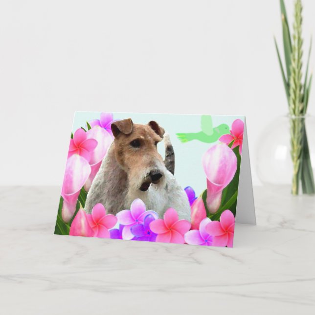 Wire Fox Terrier and Flowers Thank You Card (Front)