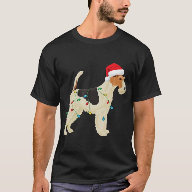 Wire Fox Terrier Christmas Lights Santa Hat Dog Xm T-Shirt (Front)