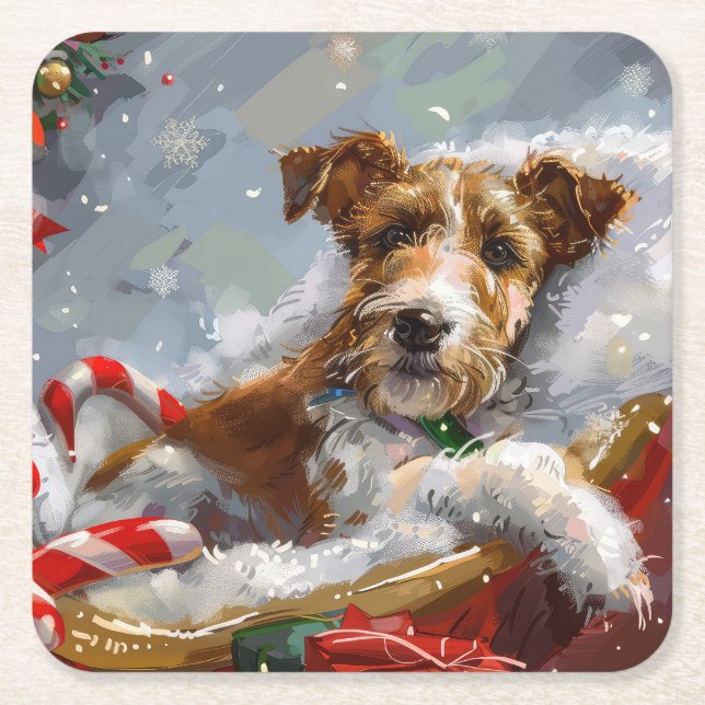 Wire Fox Terrier Dog Christmas Festive  Square Paper Coaster (Front)