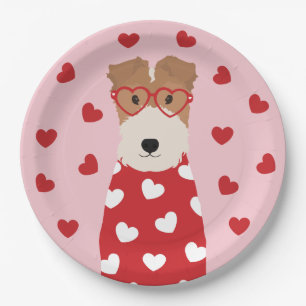 Wire Fox Terrier Dog Heart Glasses Pink Red Paper Plate