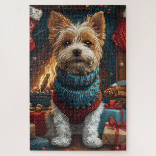 Wire Fox Terrier Dog With Christmas Gift Fireplace Jigsaw Puzzle