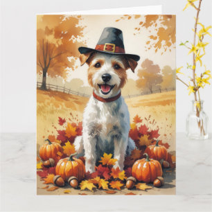 Wire Fox Terrier In Autumn Leaves Thanksgiving Art Card