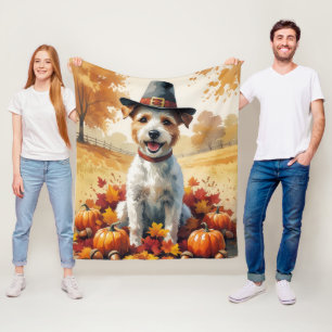 Wire Fox Terrier In Autumn Leaves Thanksgiving Art Fleece Blanket