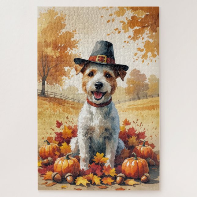 Wire Fox Terrier In Autumn Leaves Thanksgiving Art Jigsaw Puzzle (Vertical)