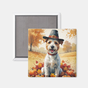 Wire Fox Terrier In Autumn Leaves Thanksgiving Art Magnet