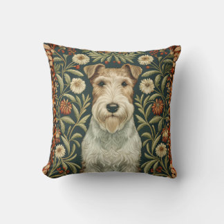 Wire Fox Terrier in William Morris Floral Style Throw Pillow