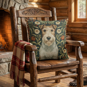 Wire Fox Terrier in William Morris Floral Style Throw Pillow