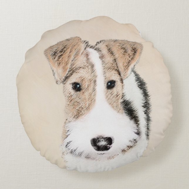 Wire Fox Terrier Painting - Cute Original Dog Art Round Pillow (Back)