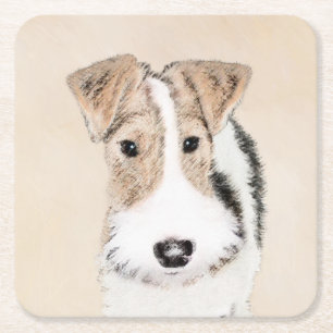Wire Fox Terrier Painting - Cute Original Dog Art Square Paper Coaster