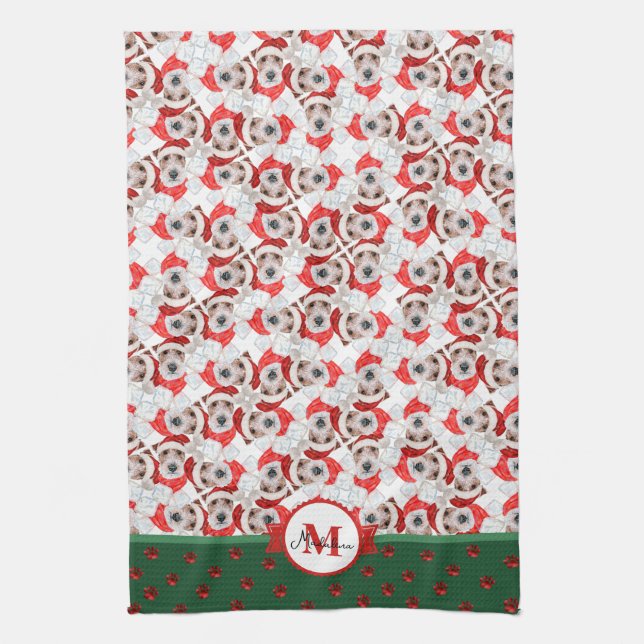 Wire Fox Terrier Pattern Monogram Christmas Dog Kitchen Towel (Vertical)