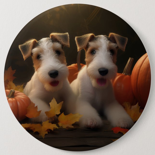 Wire Fox Terrier Puppy Autumn Delight Pumpkin 6 Inch Round Button (Front)