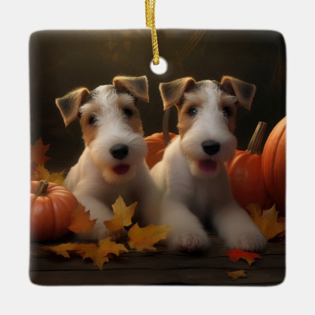 Wire Fox Terrier Puppy Autumn Delight Pumpkin Ceramic Ornament (Front)