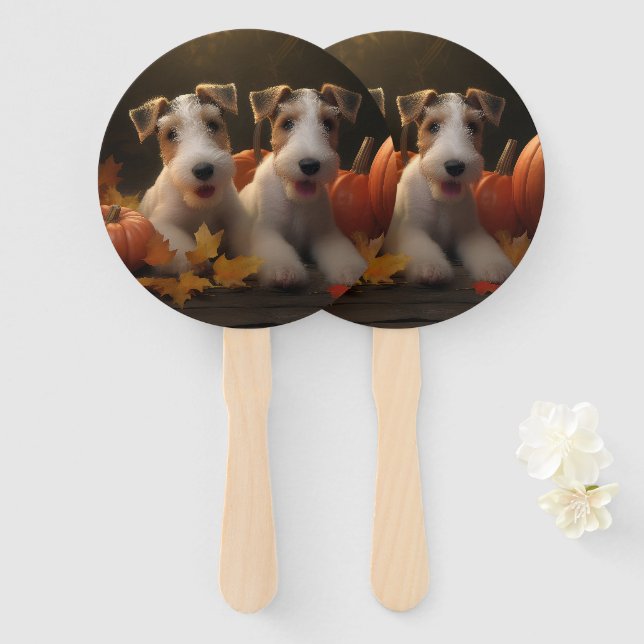 Wire Fox Terrier Puppy Autumn Delight Pumpkin Hand Fan (Front and Back)