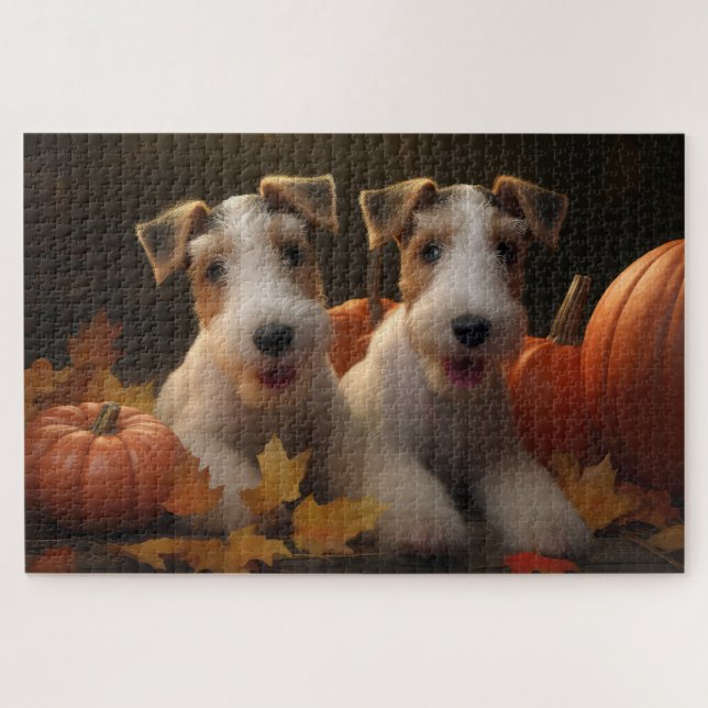 Wire Fox Terrier Puppy Autumn Delight Pumpkin Jigsaw Puzzle (Horizontal)