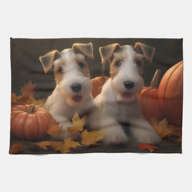 Wire Fox Terrier Puppy Autumn Delight Pumpkin Kitchen Towel (Horizontal)