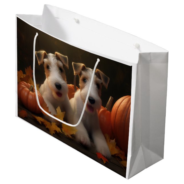 Wire Fox Terrier Puppy Autumn Delight Pumpkin Large Gift Bag (Front Angled)
