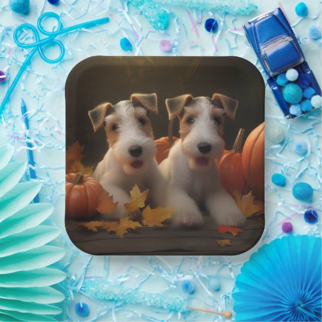 Wire Fox Terrier Puppy Autumn Delight Pumpkin Paper Plate (Party)