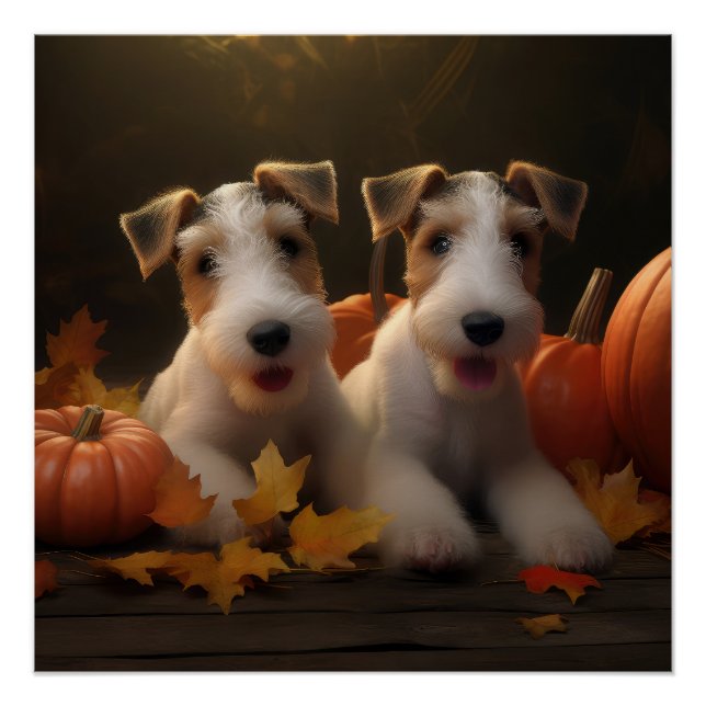 Wire Fox Terrier Puppy Autumn Delight Pumpkin Poster (Front)