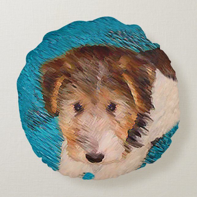Wire Fox Terrier Puppy Painting - Original Dog Art Round Pillow (Back)