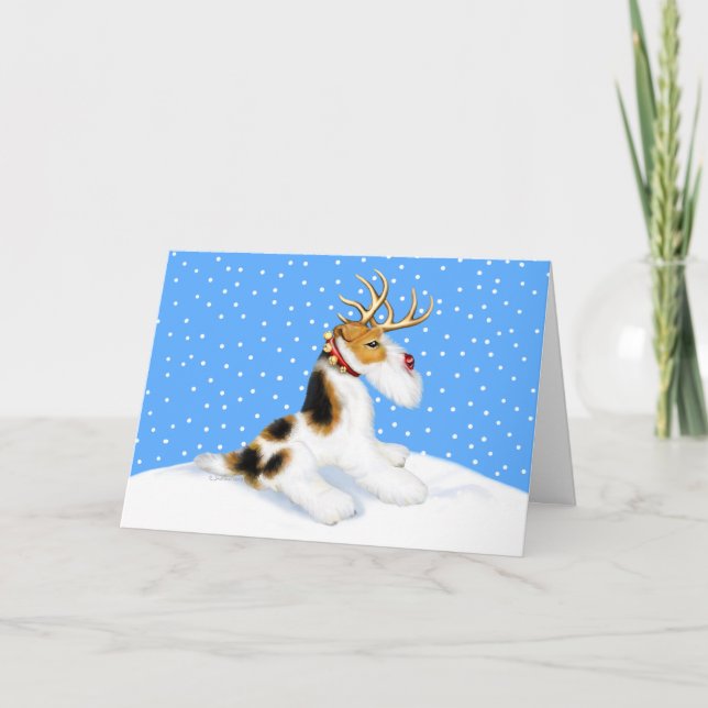 Wire Fox Terrier Reindeer Holiday Card (Front)