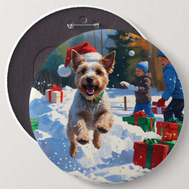 Wire Fox Terrier Running Snow with Christmas Hat 6 Inch Round Button (Front & Back)