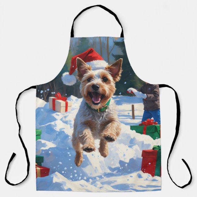 Wire Fox Terrier Running Snow with Christmas Hat Apron (Front)