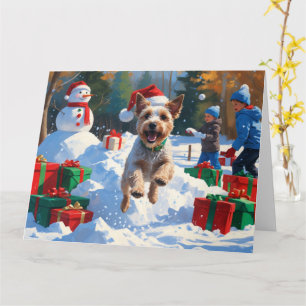 Wire Fox Terrier Running Snow with Christmas Hat Card