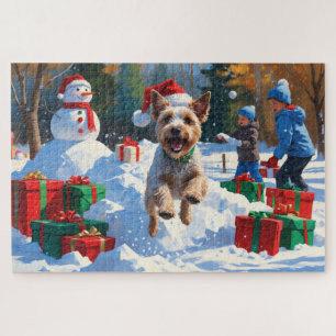 Wire Fox Terrier Running Snow with Christmas Hat Jigsaw Puzzle