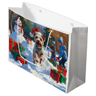 Wire Fox Terrier Running Snow with Christmas Hat Large Gift Bag