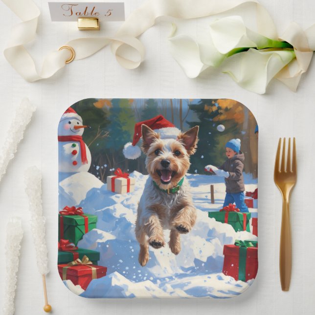 Wire Fox Terrier Running Snow with Christmas Hat Paper Plate (Wedding)