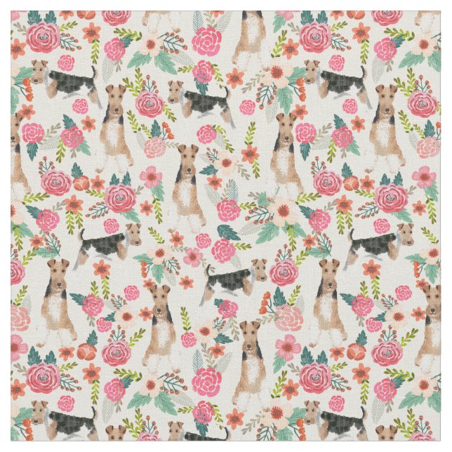 wire fox terrier vintage florals cream fabric (Close Up)