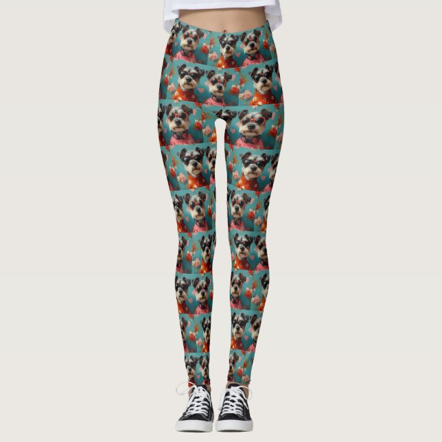 Wire Fox Terrier with Heart Roses Valentine's Day Leggings (Front)