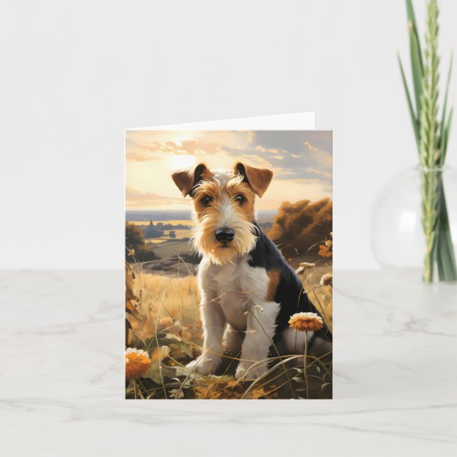 Wire Hair Fox Terrier In Autumn Countryside Note Card (Front)