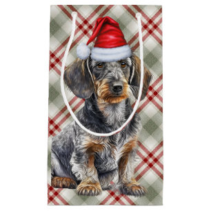 Wire Haired Dachshund Dog on Red Plaid Christmas Small Gift Bag