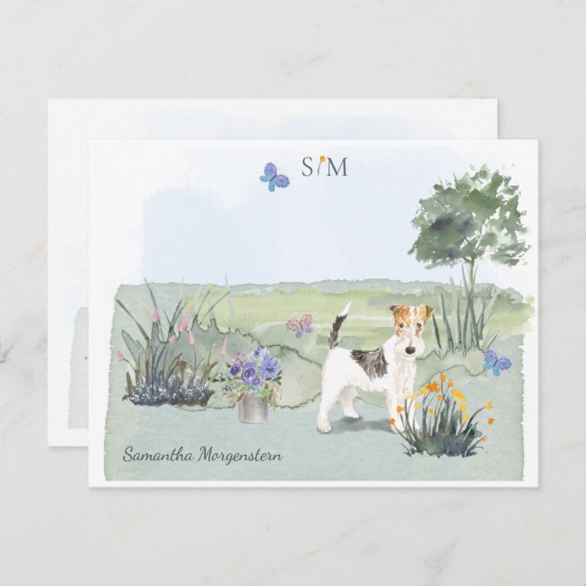 Wire Haired Fox Terrier Butterfly Meadow Monogram  Card (Front/Back)