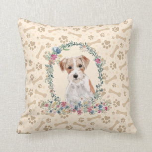 Wire Haired Jack Russell Dog Paw Print & Floral Throw Pillow