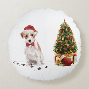 Wire Haired Jack Russell Funny Christmas Dog Round Pillow