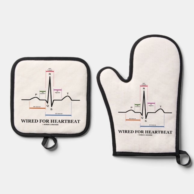 Wired For Heartbeat ECG/EKG Sinus Rhythm Oven Mitt & Pot Holder Set (Front)