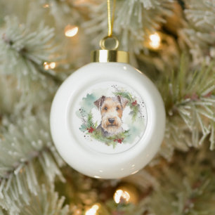 Wirefox Terrier Christmas Wreath Festive Pup Ceramic Ball Christmas Ornament