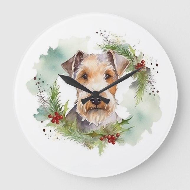 Wirefox Terrier Christmas Wreath Festive Pup  Large Clock (Front)
