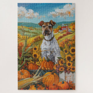 Wirefox Terrier Dog Autumn Harvest Thanksgiving Jigsaw Puzzle