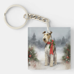 Wirefox Terrier Dog in Snow Christmas Keychain