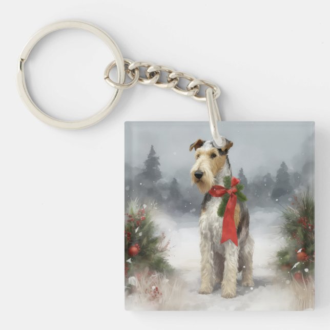 Wirefox Terrier Dog in Snow Christmas Keychain (Front)