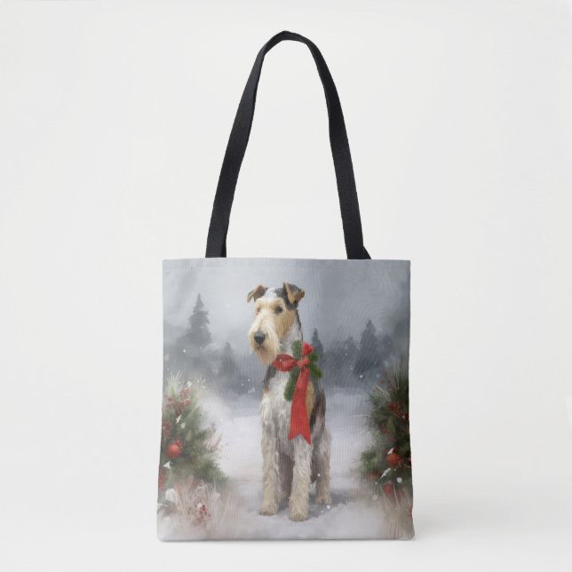 Wirefox Terrier Dog in Snow Christmas Tote Bag (Front)