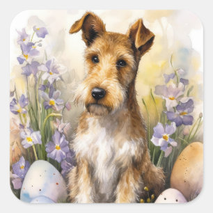 Wirefox Terrier Dog With Easter Eggs Holiday Square Sticker