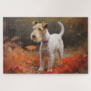 Wirefox Terrier in Autumn Leaves Fall Inspire  Jigsaw Puzzle