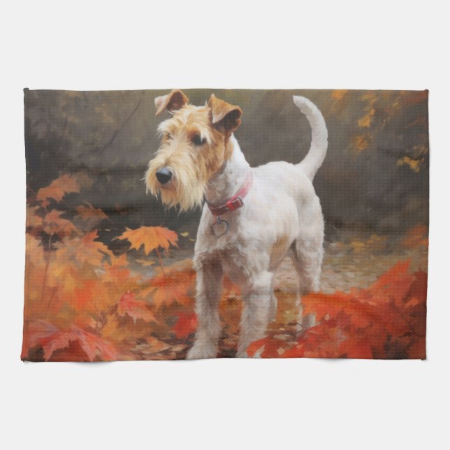 Wirefox Terrier in Autumn Leaves Fall Inspire  Kitchen Towel (Horizontal)