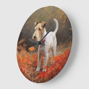 Wirefox Terrier in Autumn Leaves Fall Inspire  Large Clock